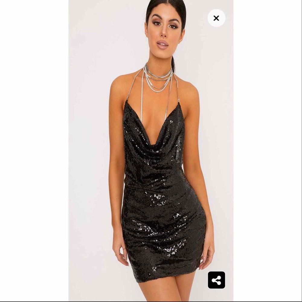 PLT Tarria black sequin chain choker mini dress